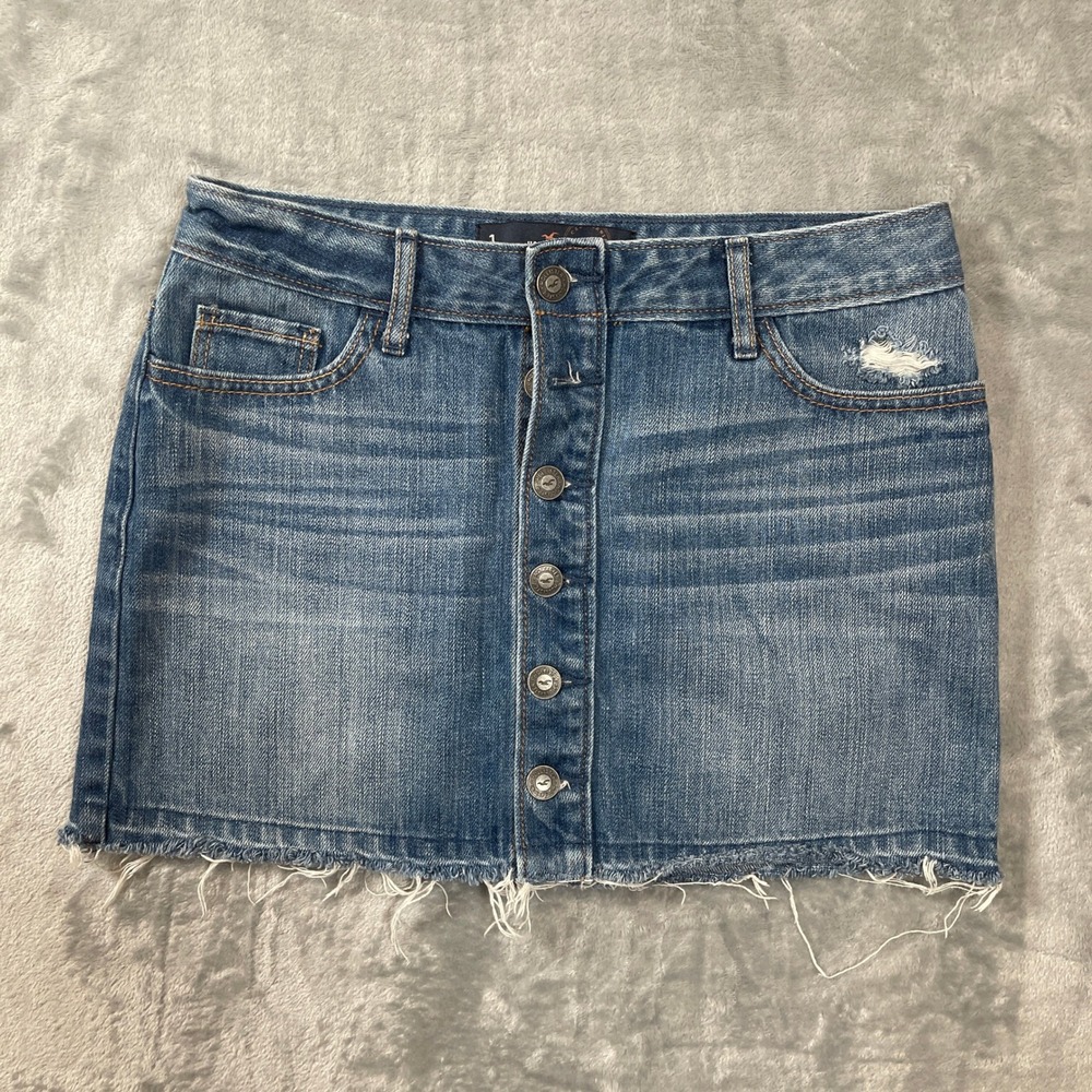 Hollister Womens Mini Skirt Size 1 W25 Blue Denim Button Front Raw Hem